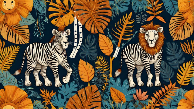 Seamless design with lions zebras giraffes elephants tropical leaves and inspired decorative elements