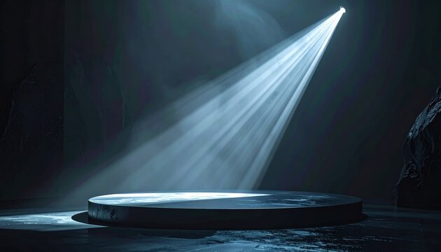 Empty Round Podium Under A Dramatic Focused Spotlight In A Dark Atmospheric Chamber For Product Showcase Presentation