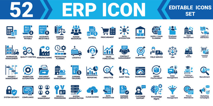 Erp icon set 52 editable vector illustrations for business management and productivity