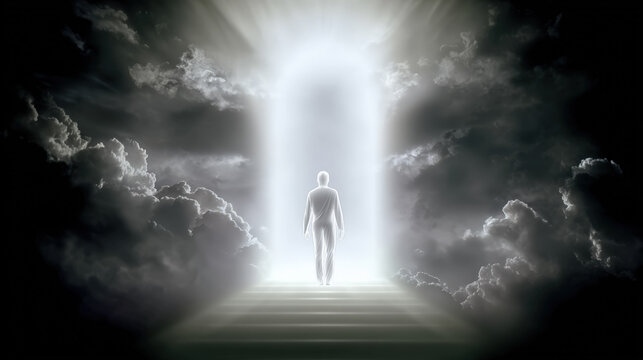Silhouette of a standing human figure at a glowing light opening between dramatic clouds, symbolizing eternity, spirituality, and inner soul