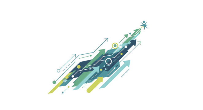 Abstract illustration of upward trending arrows and geometric shapes symbolizing growth and progress.