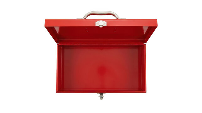 Open empty red metal toolbox isolated on transparent background