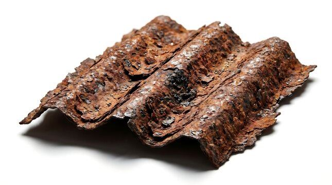 Heavily rusted corrugated metal sheet showing severe oxidation and textured decay isolated on white background for industrial grunge design element