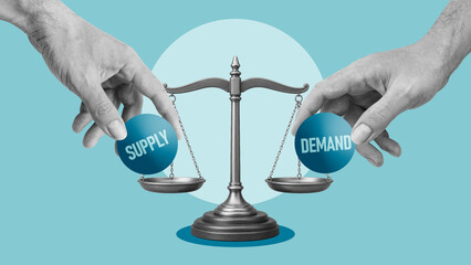 Supply and demand balance concept illustrating market equilibrium, price formation, economic...