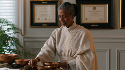 Fototapeta premium South Asian ayurvedic practitioner in a Toronto clinic arranges dried herbs and copper bowls on a consultation table, framed modern medical licenses on the wall behind her,