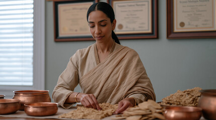 Fototapeta premium South Asian ayurvedic practitioner in a Toronto clinic arranges dried herbs and copper bowls on a consultation table, framed modern medical licenses on the wall behind her,