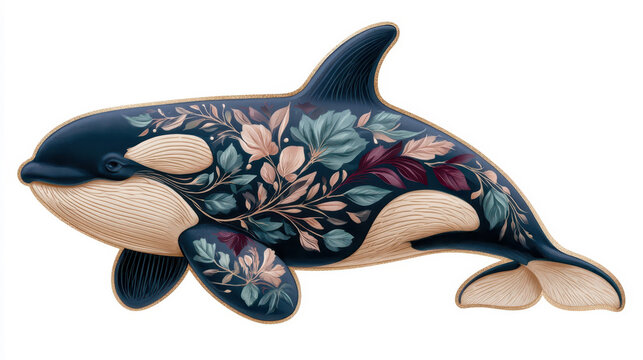 Whimsical Orca Art: Graceful Killer Whale with Floral Design, Perfect for Marine Life Themes