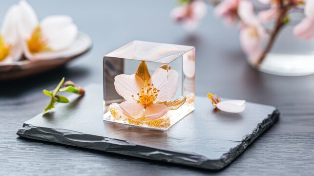 A transparent geometric crystal dessert with an edible gold foil and a flower blossom inside, served on a dark slate plate, macro photography