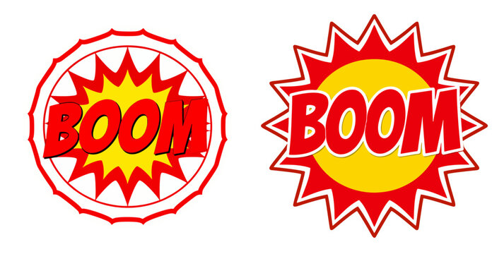 Bright comic explosion badges with &ldquo;BOOM&rdquo; text in vibrant red and yellow tones, great for pop art themes, action effects, comic panels, gaming graphics, and energetic designs