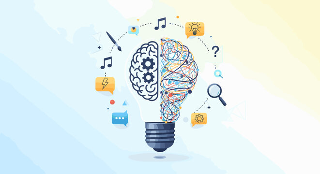 A conceptual illustration of a lightbulb containing a brain, split into logical and creative hemispheres, surrounded by icons symbolizing ideas, innovation, and diverse thought processes.