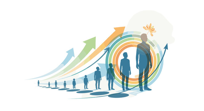 Illustration of a group of people standing in a line, with arrows indicating growth and progress towards a larger figure.