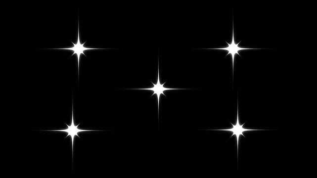 Blinking, twinkle light stars sparkling, white cartoon doodle style flat vector stars, magical night sky festive sparkle glow effect, sparkle effect looping on a black background video. 4K