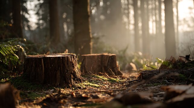 A detailed shot of tree stumps surrounded by forest debris