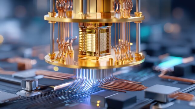 Close up of a golden quantum processor structure, intricate gold plated hardware and copper cooling pipes, subtle blue fiber optic light leaking