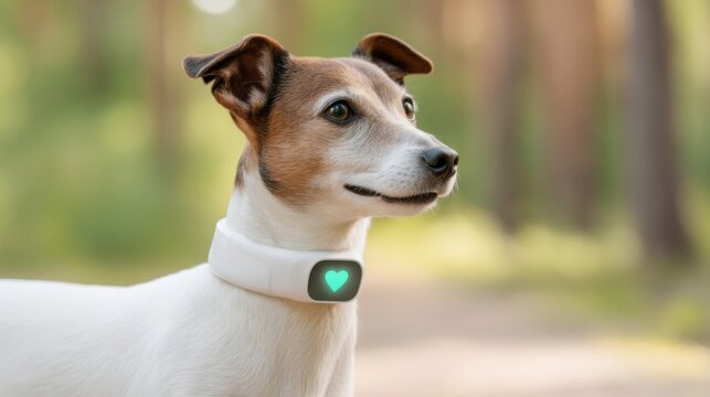 Close up of a dog wearing a high tech minimalist white collar with a glowing soft green heart rate icon, natural park background, soft sunlight