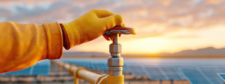 Close up of a hand in a safety glove pulling a heavy industrial lever, background showing thousands of solar panels under a sunset sky, renewable energy