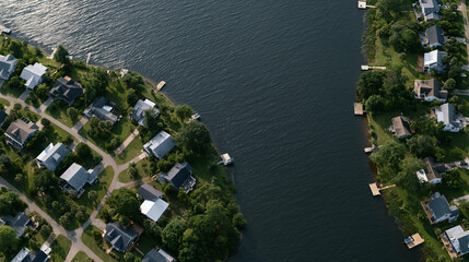Obraz premium Aerial view of a vacation rental cottage community beside a lake, multiple rooftops visible from above through dramatic overcast sky, property boundaries and private docks