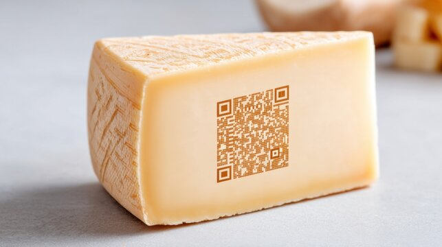 Close up of a piece of gourmet cheese with a perfect, tiny QR code etched directly into the rind by a laser, soft side lighting, minimalist deli background