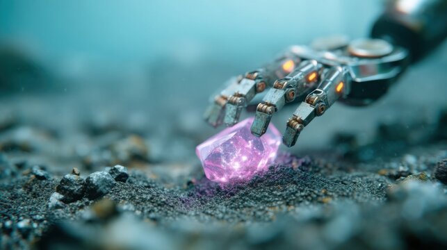 Close up of a rugged robotic claw gripping a bioluminescent purple crystal on the dark seabed, silt swirling, industrial underwater lights, marine research