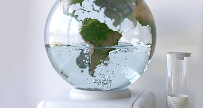 Primer plano de bid&oacute;n de agua con forma de planeta Tierra medio vac&iacute;o, concepto de escasez h&iacute;drica global y agotamiento de recursos 