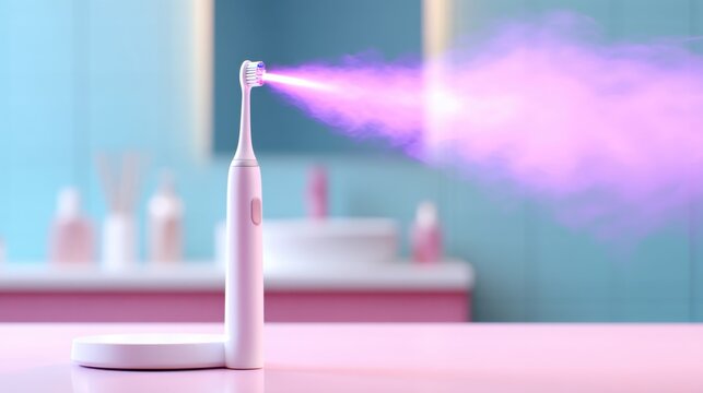 Close up of a sleek white sonic toothbrush emitting a precise glowing violet mist, minimalist bathroom background, soft morning light, focus
