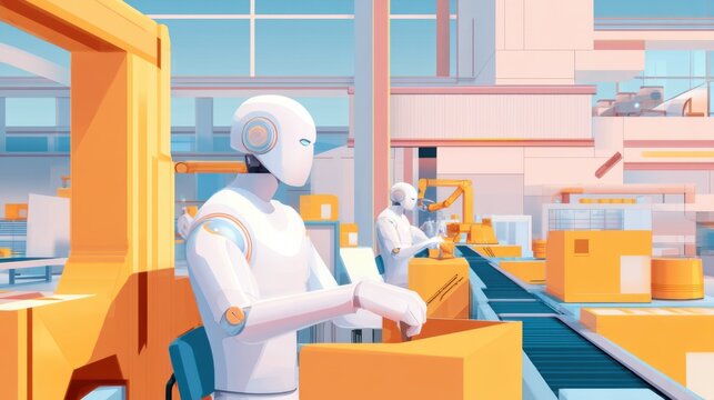 comic book style illustration of futuristic robots working in high tech factory, dynamic perspective, bold graphic shadows and colors
