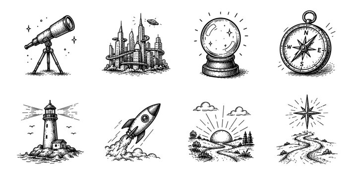 Future vision sketch icon collection in black. Set of telescope, futuristic city, crystal ball, compass, lighthouse, rocket launch, sunrise path and guiding star icons in doodle style