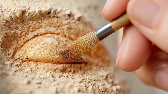 Extreme close up of a hand using a soft natural brush to reveal the glistening eye of an ancient gold funeral mask buried in dry sand, desert sunlight