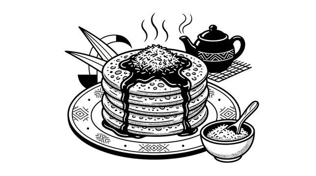Stack of traditional Indonesian serabi pancakes with syrup illustration.