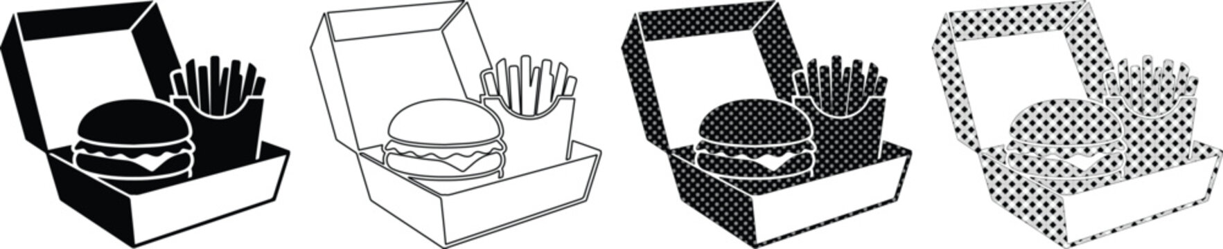 Fast food combo meal vector icon set, burger and french fries in an open takeaway box, black and white outline and solid fill illustrations for menus and delivery apps