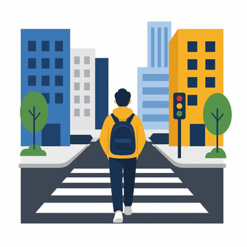 A young student wearing a backpack walking across a city crosswalk.