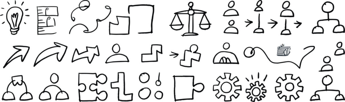Business leadership icons set, corporate organizational structure, value mapping, executive coaching, professional growth, teamwork, human resources management, strategy planning, 