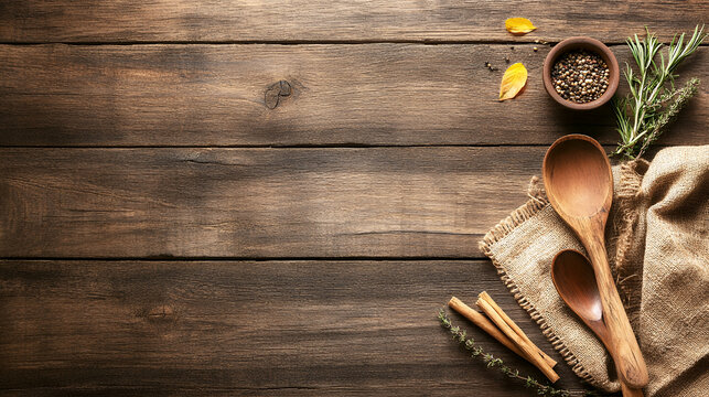 Overhead view of a rustic wooden table with cooking spices, fresh herbs, wooden spoons, and autumn leaves