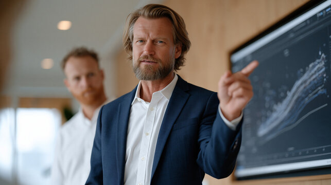 Insurance actuary presenting a telematics-based dynamic pricing model to underwriters using a touchscreen data visualization board in a modern insurtech startup office,