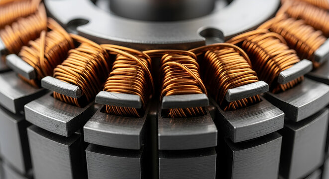 Close up of electric motor stator with copper coils and metal components