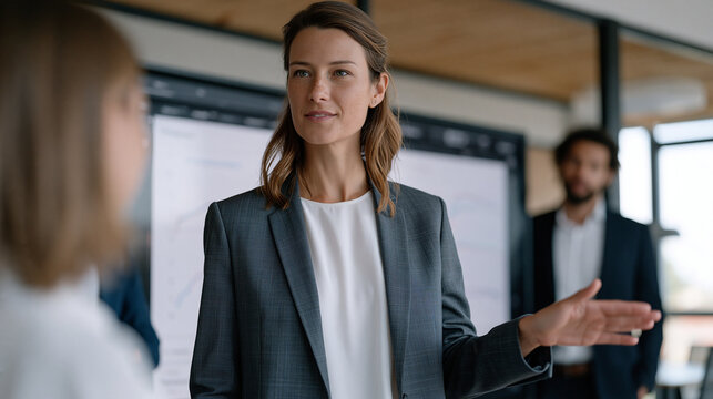 Insurance actuary presenting a telematics-based dynamic pricing model to underwriters using a touchscreen data visualization board in a modern insurtech startup office,