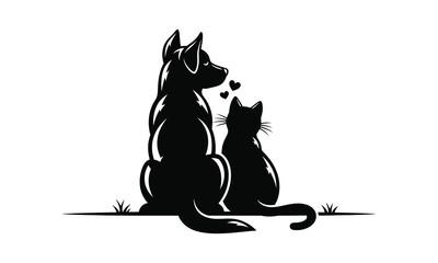 Cat and dog together silhouette, cat dog friendship vector, pet duo illustration pack, feline canine black shape, cat sitting with dog graphic, cat and dog hugging icon, pet bonding silhouette © Rasel