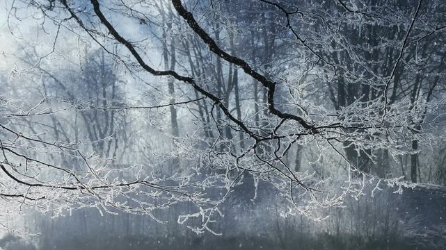 Frostcovered tree branches in a winter forest with soft light and falling snow