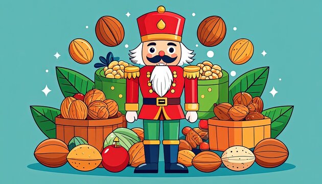 Cartoon nutcracker soldier with nuts and gifts.