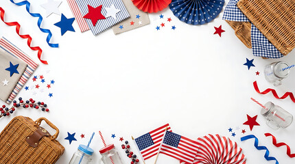 Obraz premium Festive Fourth of July picnic elements arranged in a border on a white background, perfect for holiday invitations or decorations