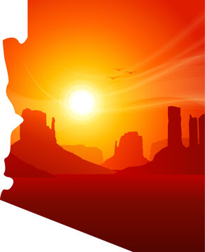 arizona state map silhouette simplified shape with monument valley desert sunset scene vector isolated on transparent background