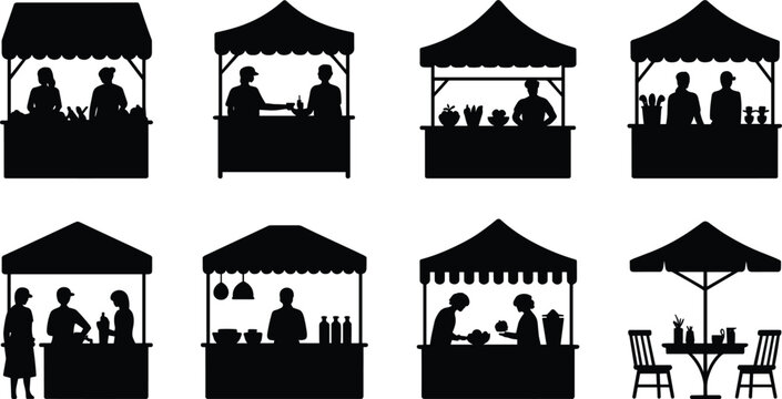 Set of outdoor street food market stalls and farmers bazaar kiosk booth silhouettes with buyers and sellers