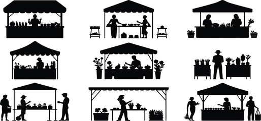 Obraz premium Set of farmers market stalls silhouettes showing vendors selling fresh vegetables fruit and plants to customers