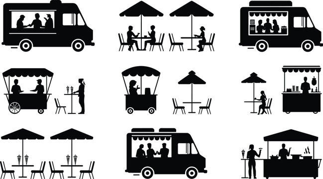 Set of street food trucks market stalls and outdoor cafe silhouette vectors showing vendors serving customer tables