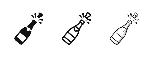 Champagne Bottle Popping Cork Icon Set for Celebration and Parties © drawing lines