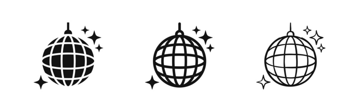Disco Ball Mirror Sphere Party Icon Set - Solid, Outline, and Hand-drawn Styles