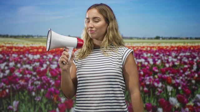 Woman blonde in striped shirt holding a megaphone and shading her eyes with raised arm in a studio with tulip field backdrop and shallow depth garden scene; confidence outreach.