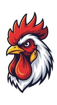 Red rooster with colorful feathers in profile view.