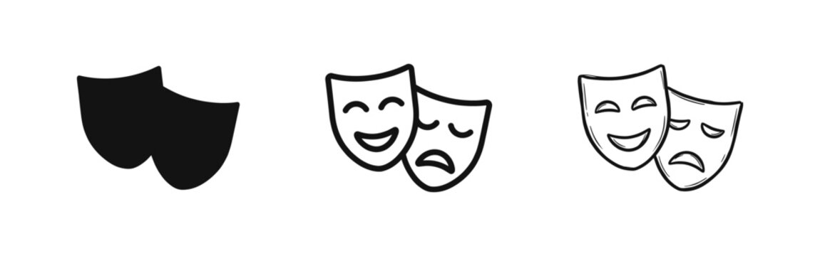 Theatre Masks Icons Set, Comedy and Tragedy Drama Vector Illustrations in Solid, Line and Hand Drawn Styles