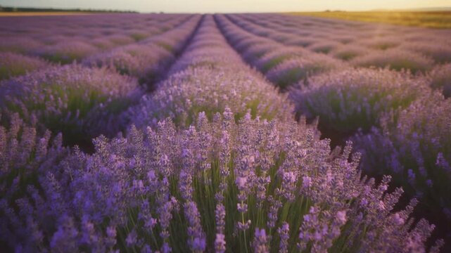 Rows of blooming lavender fields stretching to the horizon under a warm sunset